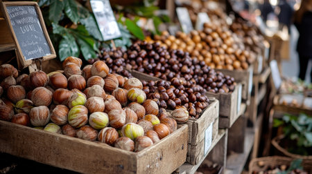 A market stall showcasing fresh chestnuts and walnuts in wooden crates,の素材