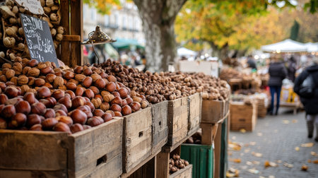 A market stall showcasing fresh chestnuts and walnuts in wooden crates,の素材
