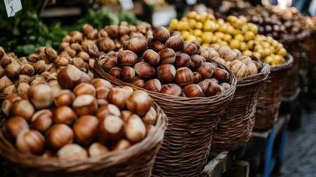 Close-up of chestnuts and walnuts piled high in baskets at a local food market. The natural textures and earthy colors evoke a cozy,の素材