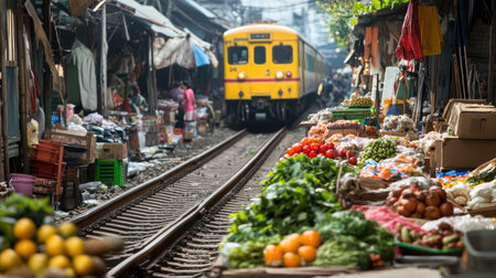 Fresh market on the railroad tracks at Maeklong Railway Market, Thailand. Vendors quickly move their goods as the train approaches,の素材