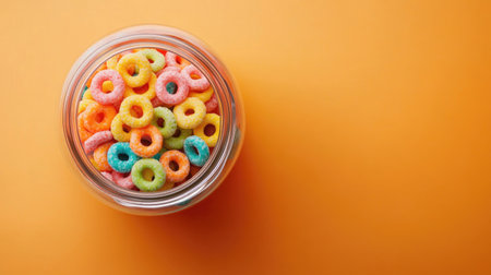 A clear jar filled with colorful cereal rings, set on an orange background, creating a warm and inviting visual perfect for breakfast-themed designs.の素材