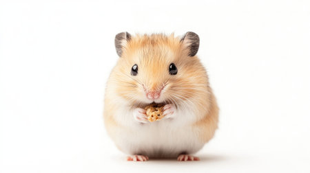 A small, cute hamster holding a tiny treat on a white background, with generous space for copy above or beside it.の素材