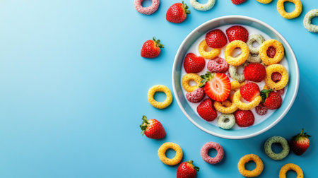 A bowl of vibrant cereal rings with milk and strawberries, shot against a bright blue backdrop, offering a lively and eye-catching breakfast visualの素材