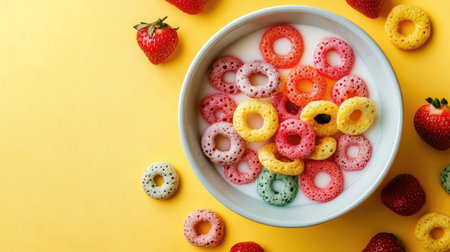 A bowl of colorful ring cereal with milk and strawberries, set against a bright yellow background, creating a cheerful and fun breakfast scene.の素材