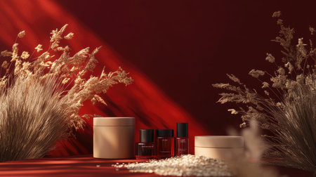 Elegant 3D stage showcasing a collection of natural cosmetics packaging with organic materials, complemented by dry oat grass and a rich dark red background.の素材