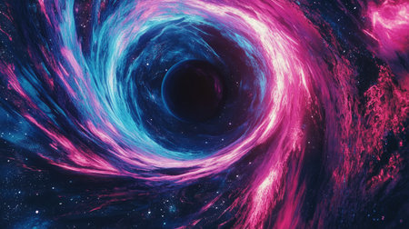 An abstract cosmic scene with a black hole at the center, surrounded by swirling pink and blue neon lines,の素材