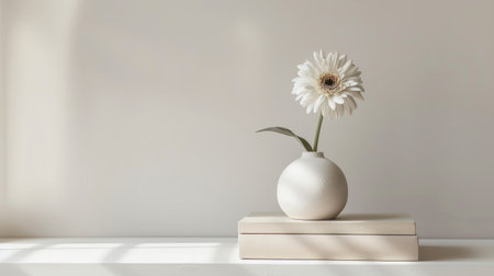 A flower in a vase balanced on two books, all together in the corner with an abstract white background for a serene scene.の素材