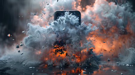 Create 10 prompts for stock photos related to Phone simulator splashing with smoke from behind, 3D rendering with 100-250 characters and ending withの素材