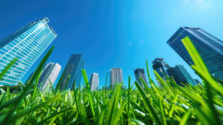 In the middle, tall business buildings reach toward a clear blue sky, while short green grass covers the front, with no people visible.の素材