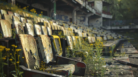 A desolate stadium, with broken seats and weeds sprouting through the cracks, highlighting its long period of abandonment.の素材