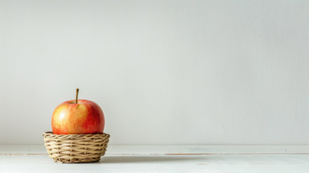 A lone apple standing out on the white floor, spilled from a basket, creating a stark contrast against the white background.の素材