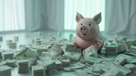 2025 financial planning scene with a fat pig piggy bank on a white backdrop. Abstract floor with scattered money stacks, representing future savings and wealth management.の素材