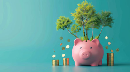 Eco-conscious investment concept: Pink piggy bank with trees and gold coins emerging from the slots against a solid teal backdrop.の素材