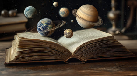 An open book reveals the entire solar system in a captivating 3D scene, with planets and their moons floating above the pages,の素材