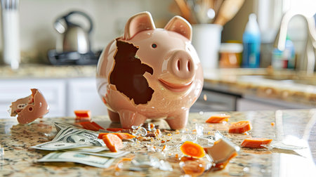 A broken piggy bank on a kitchen counter with money spilling out, symbolizing the use of an emergency fund, isolated in a home settingの素材
