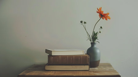 In a minimalist setting, a flower in a vase rests on two books in the corner with an abstract white background.の素材