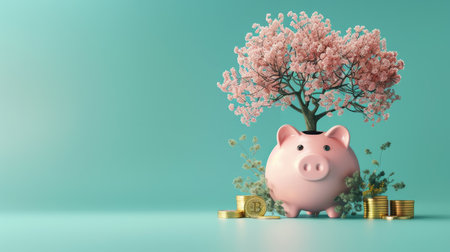 Pink piggy bank with trees and gold coins emerging from the slots, set against a solid teal background, symbolizing environmentally conscious investment.の素材