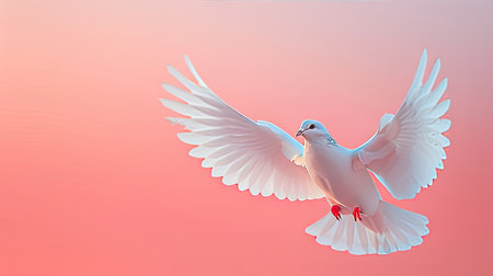 3D rendered white dove in flight, showcasing its elegant wings and peaceful nature, set against a soft gradient background.の素材