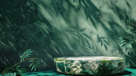 3D rendering of a green background podium platform for nature beauty cosmetics, featuring an abstract rock podium pedestal with green leaf shadows.の素材
