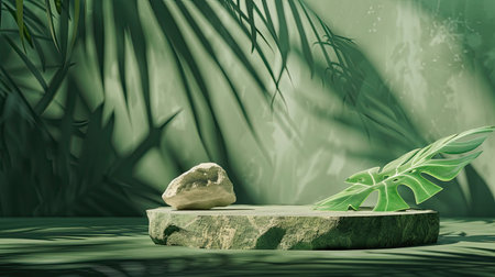3D mockup of a green background podium with an abstract rock pedestal, enhanced by green leaf shadows, perfect for beauty products.の素材