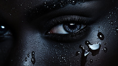 A close-up shot of intense smoky eye makeup with realistic water droplets mimicking tears, capturing deep emotion and a dramatic,の素材