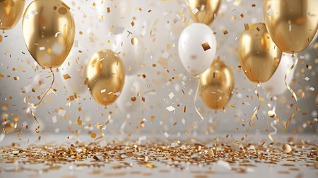 3D rendering of a birthday background with gold and white balloons, confetti, and ribbon, perfect for anniversary celebrations.の素材