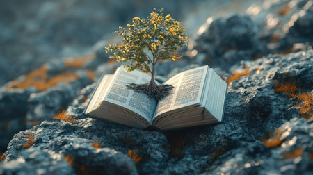 A small tree emerges from the pages of an open book lying in a rocky landscape,の素材