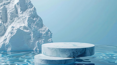 Blue beauty product podium with a water-themed background, perfect for cosmetic displays, featuring a minimal platform and stone stand.の素材