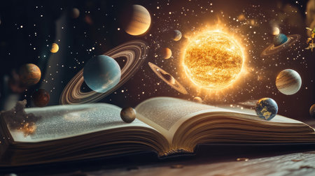 An open book with pages that transform into a detailed solar system, with planets orbiting around a sun,の素材