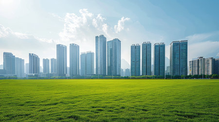 A row of tall business buildings stands against a blue sky, with a foreground of short green grass and no people.の素材