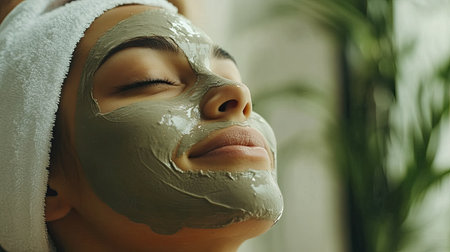 A woman relaxes with a natural clay face mask applied by a beauticianの素材