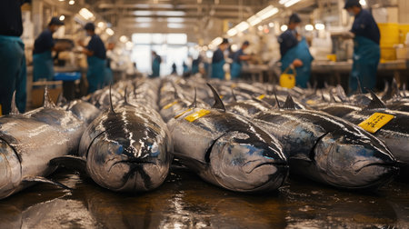 Fresh tuna fish laid in precise rows on the ground at a Japanese fish market.の素材