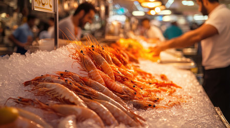 Fresh fish and seafood, including shrimps, neatly arranged on ice at a bustling fish market in Abu Dhabiの素材