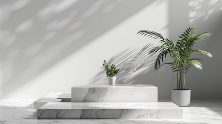 Elegant white marble podium with a minimalistic design, ideal for showcasing products on a 3D platform.の素材