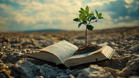 In a desolate, rocky field, an open book lies on the ground with a small tree growing from it,の素材