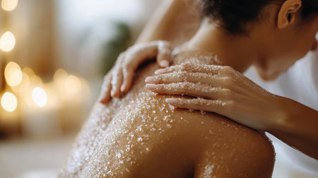 A close-up of a woman receiving a back massage and scrub at a luxurious spa, highlighting the relaxingの素材