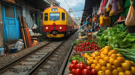 Busy Maeklong Railway Market in Bangkok, Thailand, with fresh produce and goods laid out along the railroad tracks.の素材