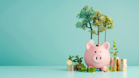 Eco-friendly investment concept with a pink piggy bank, gold coins, and trees growing from the slots against a solid teal background.の素材