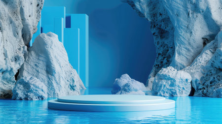 3D rendering of a blue water podium for cosmetic products, featuring an abstract platform and a minimalistic stone stand.の素材