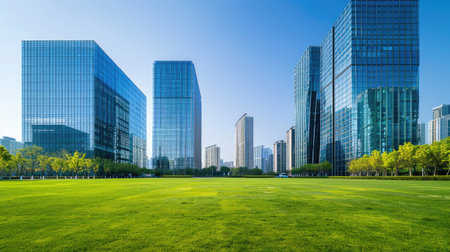 Tall company buildings aligned in the middle under a clear blue sky, with a front view of short green grass, devoid of any people.の素材