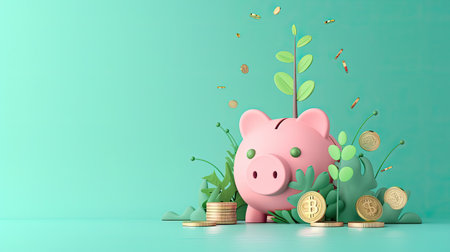 Teal background with a pink piggy bank, gold coins, and trees emerging from the slots, highlighting eco-friendly financial practices.の素材