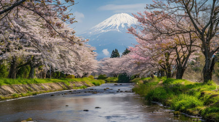 Cherry trees full of blossoms line a tranquil stream, with Mount Fuji's majestic presence in the background.の素材