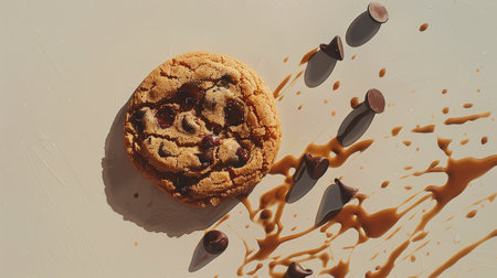 A lone chocolate chip cookie stands out, spilled on a white floor, drawing attention with its familiar texture and rich color.の素材