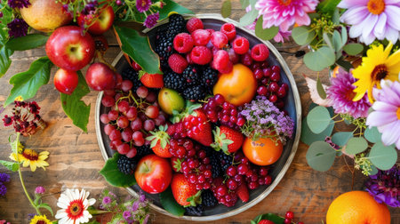 Close-up of a plate full of succulent fruits on a wooden table, surrounded by colorful flowers and neatly arranged fresh berries, creating a vibrant, refreshing scene.の素材