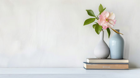 In one corner, a flower in a vase is placed on two books, set against a minimalist abstract white background.の素材