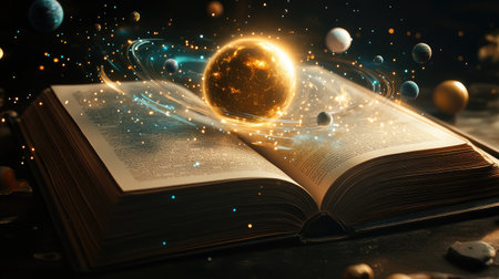 A book lies open, revealing a fully rendered solar system with planets, moons, and the sun emerging from its pages,の素材