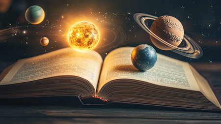 An open book with pages that transform into a detailed solar system, with planets orbiting around a sun,の素材