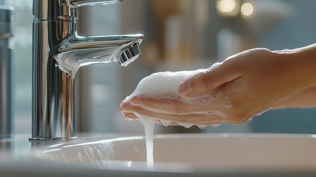 A close-up of hands being thoroughly lathered with liquid soap under a modern faucet, emphasizing the importanceの素材