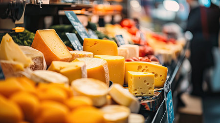 A vibrant cheese stall at a market, featuring a selection of fine cheeses with a blurred background that emphasizes the focusの素材