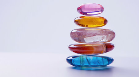 A neat stack of colorful clear stones, arranged vertically with an abstract white background for a striking visual.の素材